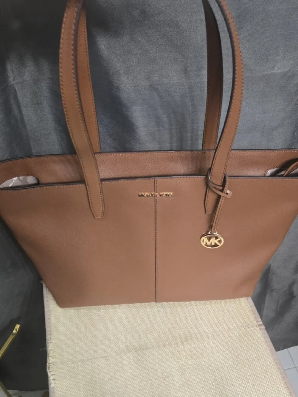 Michael Kors Brown  Leather Medium Zip Top Tote with Gold MK Charm